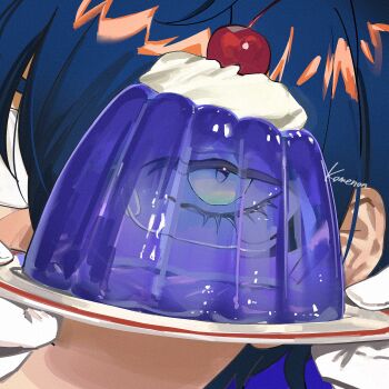 Rule 34 | 1boy, absurdres, blue hair, cherry, close-up, eye focus, eyelashes, food, fruit, glasses, gloves, green eyes, hair between eyes, hashtag-only commentary, highres, holding, holding plate, kome non, leos vincent, leos vincent (1st costume), male focus, nijisanji, plate, pudding, refraction, short hair, solo, translucent, virtual youtuber, whipped cream, white gloves