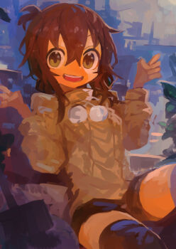 1girl absurdres alternate_costume black_shorts black_thighhighs brown_eyes brown_hair brown_sweater commentary folded_ponytail hair_between_eyes hands_up highres inazuma_(kancolle) kaamin_(mariarose753) kantai_collection long_sleeves looking_at_viewer open_mouth pom_pom_(clothes) short_shorts shorts solo sweater teeth thighhighs turtleneck turtleneck_sweater upper_teeth_only