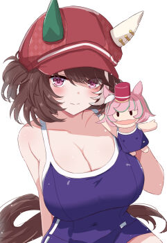 1girl absurdres animal_ears bare_shoulders blue_one-piece_swimsuit blush breasts brown_hair callretortyagiza cleavage closed_mouth collarbone commentary_request competition_school_swimsuit ear_covers ears_through_headwear hair_between_eyes hand_puppet hat highres horse_ears horse_girl horse_tail large_breasts looking_at_viewer marche_lorraine_(umamusume) mismatched_ear_covers one-piece_swimsuit puppet purple_eyes school_swimsuit short_hair single_vertical_stripe smile swimsuit tail tracen_swimsuit umamusume