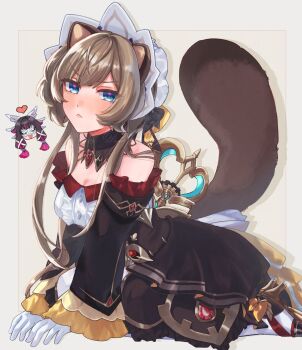 Rule 34 | 2girls, :<, all fours, animal ears, bare shoulders, black bow, black collar, black dress, blue eyes, blush, bonnet, bow, brown hair, brown tail, chibi, chibi inset, closed mouth, collar, columbina (genshin impact), commentary request, detached collar, detached sleeves, dress, frilled sleeves, frills, full body, gem, genshin impact, gloves, heart, high heels, highres, iwashitsumire, kemonomimi mode, long hair, long sleeves, looking at viewer, multiple girls, red gem, sandrone (genshin impact), solo focus, white gloves, winding key