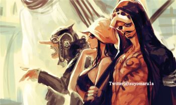 1girl 3boys caesar_clown chest_tattoo closed_mouth commentary facial_hair fake_facial_hair fake_mustache goatee goggles hat hood hooded_coat long_hair long_nose looking_ahead multiple_boys nico_robin nico_robin_(dressrosa) one_piece open_mouth sunglasses tattoo trafalgar_law tsuyomaru twitter_username upper_body usopp