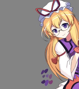 1girl bow closed_mouth color_guide commentary dress glasses grey_background hair_bow hat hat_ribbon highres long_dress long_hair long_sleeves looking_at_viewer mob_cap multiple_hair_bows purple_eyes purple_tabard red_bow red_ribbon ribbon simple_background sleeve_garter smile solo tabard touhou user_hyas3382 very_long_hair white_dress white_hat yakumo_yukari