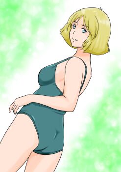 1girl ass blonde_hair blue_eyes breasts commentary_request derivative_work green_one-piece_swimsuit gundam highres kaz_(kazhi) looking_at_viewer mobile_suit_gundam one-piece_swimsuit photo-referenced sayla_mass short_hair smile solo swimsuit