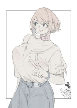 1boy 1girl artist_name artist_self-insert belt blue_belt blue_pants blush breasts cleavage clenched_hands collar collarbone commentary dated english_commentary glasses hair_behind_ear hair_ornament heart heart_hair_ornament large_breasts looking_to_the_side muted_color original pants pink_collar pink_lips shirt shirt_tucked_in short_hair smile snowcie solo_focus v-shaped_eyebrows white_shirt