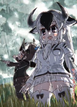 2girls antelope_ears antelope_horns black_wildebeest_(kemono_friends) blue_wildebeest_(kemono_friends) blush brown_eyes brown_hair brown_necktie brown_pantyhose brown_shirt brown_skirt brown_sleeves closed_eyes cowboy_shot extra_ears grass hair_between_eyes highres kemono_friends long_hair long_sleeves multicolored_hair multiple_girls nakashi_masakumi necktie open_mouth pantyhose pleated_skirt rain shirt short_hair short_sleeves sidelocks skirt smile teeth thighhighs two-tone_hair upper_teeth_only white_hair white_necktie white_shirt white_skirt white_sleeves white_thighhighs zettai_ryouiki