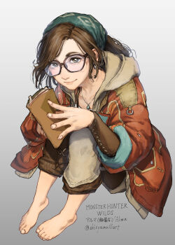 1girl absurdres alma_(monster_hunter_wilds) barefoot brown_eyes brown_hair feet glasses highres long_hair looking_at_viewer monster_hunter_(series) monster_hunter_wilds shisyamosya0315 smile toes