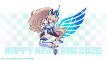 Rule 34 | 1girl, 2026, alternate costume, antenna hair, aqua eyes, azure striker gunvolt, bare shoulders, blonde hair, boots, breasts, checkered background, checkered sleeves, chinese zodiac, cleavage, covered navel, detached sleeves, energy wings, full body, glowing lines, happy new year, headphones, high heels, high ponytail, highres, horse girl, horse hair ornament, inti creates, large breasts, legs up, leotard, long hair, lumen (gunvolt), mayu yumemi, multicolored hair, multicolored leotard, new year, official art, pink hair, ponytail, smile, solo, thigh boots, very long hair, wings, year of the horse