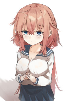 1girl absurdres bags_under_eyes blue_eyes blue_sailor_collar blue_skirt breasts collarbone commentary_request hair_between_eyes highres large_breasts long_hair long_sleeves michinoku_komaro no_dickey pink_hair sailor_collar school_uniform seitokai_ni_mo_ana_wa_aru! serafuku shirt skirt solo steepled_fingers upturned_eyes very_long_hair white_background white_shirt wimawi