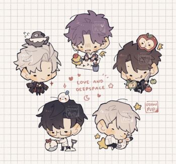 5boys animal animal_on_head apple artist_name beret bird bird_on_head black_coat black_hair black_pantyhose black_shoes brown_hair caleb_(love_and_deepspace) cardigan chibi chibi_only coat coat_on_shoulders copyright_name crossed_arms earrings food fruit glasses grey_hair grid_background hat holding holding_food holding_fruit holding_knife jacket jewelry knife lab_coat long_coat love_and_deepspace male_focus mephisto_(love_and_deepspace) multiple_boys on_head open_mouth otakupup pantyhose parted_bangs purple_hair rafayel_(love_and_deepspace) red_hat shaded_face shoes shovel single_earring snowman stuffed_animal stuffed_rabbit stuffed_toy sweatdrop sylus_(love_and_deepspace) tongue tongue_out white_jacket xavier_(love_and_deepspace) zayne_(love_and_deepspace)