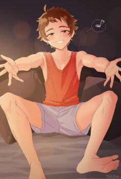 1boy attakaionaka bare_legs barefoot blush brown_background brown_eyes brown_hair collarbone ensemble_stars! full_body grey_shorts grin half-closed_eyes highres hug_invitation knees_up lens_flare looking_at_viewer low-cut_armhole male_focus messy_hair musical_note on_bed orange_tank_top outstretched_arms pectoral_cleavage pectorals pillow pov_across_bed reaching reaching_towards_viewer short_bangs shorts sidepec smile solo spoken_musical_note spread_legs tank_top tenma_mitsuru thick_eyebrows