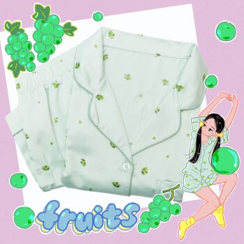 1girl black_eyes black_hair bow collarbone commentary emamemamo33 english_text food food_print fruit fruit_print full_body grapes green_pajamas hair_bow highres interlocked_fingers iridescent_hair long_hair looking_to_the_side original pajamas photo_background promotional_art purple_background short_sleeves shorts simple_background socks solo stretching twintails yellow_bow yellow_socks