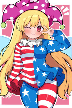 1girl absurdres american_flag_dress american_flag_legwear beads blonde_hair blush border breasts bright_pupils closed_mouth clownpiece commentary cowboy_shot dress fairy_wings hair_between_eyes hand_up hat highres jester_cap kukurukurukuru long_hair long_sleeves looking_at_viewer medium_breasts neck_ruff notice_lines one_eye_closed outside_border pantyhose pink_background polka_dot_headwear puffy_long_sleeves puffy_sleeves purple_hat red_eyes simple_background smile solo standing star_(symbol) star_print striped_clothes striped_dress striped_pantyhose thighs touhou v wavy_hair white_border white_pupils wings