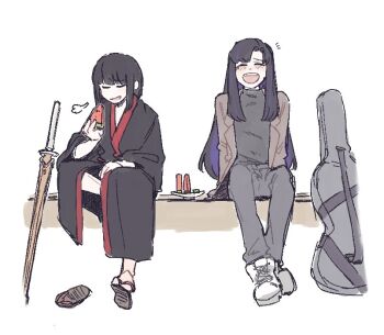 2girls araya_(project_moon) black_hair black_kimono black_pants black_shirt blue_hair boots brown_jacket colored_inner_hair food fruit instrument_case jacket japanese_clothes kimono lapels laughing limbus_company mother_and_daughter multicolored_hair multiple_girls notched_lapels pants plate project_moon ryoshu_(project_moon) shirt short_hair sitting ssmr_rolling watermelon watermelon_slice white_boots