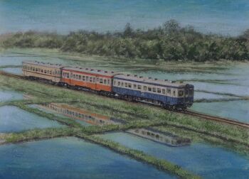 absurdres blue_sky farm foliage grass highres ibaraki_prefecture no_humans original railroad_tracks reflection reflective_liquid rice_paddy scenery sky tanamachi_yoshihiro train tree vehicle_focus water