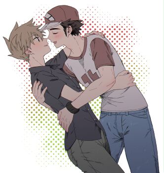 Rule 34 | 2boys, arm around shoulder, baseball cap, ben-day dots, black hair, black shirt, blue oak, blue pants, brown eyes, brown hair, buttons, closed mouth, collared shirt, commentary request, crew neck, denim, dutch angle, grey pants, hat, highres, hug, jeans, looking at another, male focus, multiple boys, nintendo, open mouth, pants, pk rgr96, pokemon, pokemon sm, print shirt, red (pokemon), red hat, screentones, shirt, short hair, short sleeves, sideburns, smile, spiked hair, t-shirt, white background, wing collar, yaoi