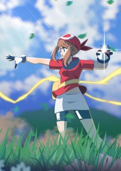 1girl absurdres bandana bike_shorts bike_shorts_under_shorts blue_eyes blue_sky blurry blurry_background breasts brown_hair cloud fanny_pack gjh gloves grass highres holding holding_poke_ball long_hair may_(pokemon) midriff_peek nintendo open_mouth outdoors poke_ball poke_ball_(basic) pokemon pokemon_rse red_bandana red_shirt shirt shorts shorts_under_shorts sky solo white_gloves