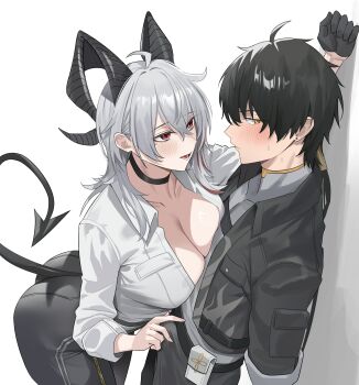 1boy 1girl absurdres ahoge ass averting_eyes bad_id bad_pixiv_id black_choker black_gloves black_hair black_horns black_jacket black_pants black_tail blush breast_press breasts bulge choker cleavage collarbone collared_shirt commentary curled_horns demon_tail english_commentary erection erection_under_clothes gloves grey_hair grey_shirt hair_between_eyes hand_on_another&#039;s_crotch hetero highres horns jacket kabedon large_breasts light_blush long_hair looking_at_another male_rover_(wuthering_waves) mole mole_under_eye multicolored_hair open_mouth pants rover_(wuthering_waves) shirt simple_background single_glove smile streaked_hair sweatdrop tail unrulyfriedrice white_background white_shirt wuthering_waves yellow_eyes zani_(wuthering_waves)
