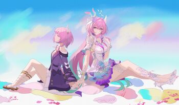 2girls absurdres akemi_ha aqua_hair bare_shoulders blue_sky breasts closed_eyes coat commentary_request cyrene_(aedes_elysiae)_(honkai:_star_rail) cyrene_(honkai:_star_rail) cyrene_(ripples_of_past_reverie)_(honkai:_star_rail) dress dual_persona earrings flower gradient_hair hair_flower hair_ornament high_heels highres honkai:_star_rail honkai_(series) jewelry large_breasts long_hair multicolored_hair multiple_girls pink_hair purple_coat sandals sitting sky small_breasts smile thighs very_long_hair white_dress white_hair
