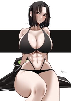 Rule 34 | 1girl, abs, absurdres, ahoge, ashenmash, bare shoulders, bikini, black bikini, black jacket, breasts, brown hair, cleavage, commentary request, fate/grand order, fate (series), grey eyes, highres, jacket, large breasts, looking at viewer, navel, off shoulder, parted bangs, ryougi shiki, ryougi shiki (swimsuit mooncancer) (first ascension), sarong, short hair, sitting, swimsuit, thighs