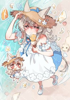 1girl :3 animal arm_up bare_shoulders beach blue_bow blue_ribbon blush borrowed_character bow bright_pupils brown_hat cat chibi closed_mouth commentary_request commission crossed_bangs day dress ears_through_headwear food fruit full_body grey_hair hat hat_bow holding holding_food holding_ice_cream ice_cream long_hair multiple_views neck_ribbon off-shoulder_dress off_shoulder orange_(fruit) orange_slice original outdoors outline popsicle red_eyes ribbon sample_watermark shoes skeb_commission smile standing straw_hat sun_hat tsukumi_bis watermark white_dress white_outline white_pupils white_shoes