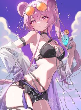 1girl absurdres animal_ears arknights arm_strap bare_shoulders bikini black_bikini black_choker breasts choker commentary_request cowboy_shot crossed_bangs cup eyewear_on_head highres holding holding_cup jacket lin_(arknights) lin_(summer)_(arknights) long_hair looking_at_viewer medium_breasts mouse_ears mouse_girl mouse_tail nabezuru navel official_alternate_costume open_clothes open_jacket orange-tinted_eyewear outdoors pink_eyes pink_hair purple_jacket round_eyewear solo swimsuit tail thigh_strap tinted_eyewear