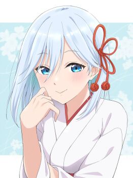 1girl amagami-san_chi_no_enmusubi amagami_asahi blue_background blue_eyes blue_hair border closed_mouth commentary_request hair_between_eyes hair_ornament hand_up highres japanese_clothes kosode letterboxed light_blush looking_at_viewer medium_hair miko outside_border ryuryu_7150 smile solo tassel tassel_hair_ornament upper_body white_border
