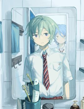 2boys absurdres bathroom behind_another bishounen blue_hair breast_pocket closed_mouth collared_shirt cup diagonal-striped_clothes diagonal-striped_necktie dongfang_shuyechu ensemble_stars! green_hair highres holding holding_cup kazehaya_tatsumi looking_at_viewer male_focus mirror multiple_boys necktie open_door parted_lips pocket pov pov_hands purple_eyes red_necktie reflection reflection_focus shirt short_hair short_sleeves soap_bottle striped_clothes tile_wall tiles tojo_kaname toothbrush toothpaste towel towel_rack upper_body white_shirt yellow_eyes