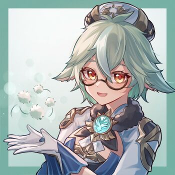 Rule 34 | 1girl, :d, absurdres, anemo symbol (genshin impact), animal ears, blush, border, brown-framed eyewear, commentary request, fur trim, genshin impact, glasses, gloves, gradient background, green background, green border, green hair, hair between eyes, hat, highres, looking at viewer, open mouth, orange eyes, outside border, semi-rimless eyewear, smile, solo, sucrose (genshin impact), under-rim eyewear, upper body, vision (genshin impact), white hat, yuno kaihara