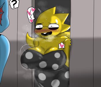 1other 2girls ? alphys blue_skin blush breasts cheating_(relationship) clothed_sex clothes colored_skin doorway enigi09 from_outside glasses heart highres huge_breasts implied_sex monster_girl multiple_girls netorare obstructed_view onlookers open_mouth pov_doorway robe sex sex_from_behind speech_bubble standing standing_sex stealth_sex undertale undyne utdr_(toby_fox) yellow_skin