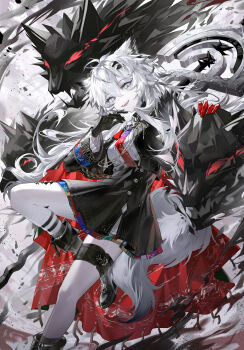 1girl absurdres animal_ears arknights black_footwear black_gloves black_jacket black_skirt breasts commentary gloves grey_background grey_eyes grey_hair high-waist_skirt highres jacket lappland_(arknights) lappland_the_decadenza_(arknights) long_hair long_sleeves looking_at_viewer medium_breasts messy_hair mukaend red_gloves sharp_teeth shirt simple_background skirt smile staff standing standing_on_one_leg symbol-only_commentary tail teeth thigh_strap two-sided_gloves white_shirt wolf wolf_ears wolf_girl wolf_tail zaaro_(arknights)