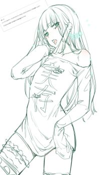 1boy blunt_bangs blunt_ends commentary_request green_eyes gretel_(sinoalice) highres legband long_sleeves looking_at_viewer male_focus mask mouth_mask open_mouth shirt sidelocks signature simple_background sinoalice sketch spot_color surgical_mask t-shirt teroru thighhighs tongue tongue_out trap white_background zettai_ryouiki