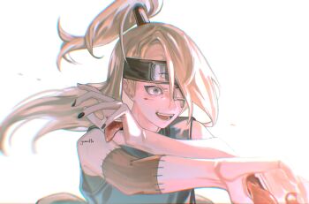 Rule 34 | 1017gomo9, 1boy, asymmetrical bangs, black nails, blonde hair, blood, blood on arm, blood on face, blue eyes, crazy smile, deidara (naruto), extra mouth, eyeliner, eyepatch, forehead protector, grey shirt, high ponytail, highres, long hair, makeup, male focus, naruto (series), naruto shippuuden, open mouth, ponytail, shirt, signature, smile, solo, stitched arm, stitches, white background