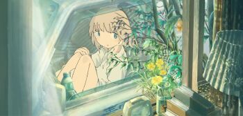 1girl analog_clock bad_id bad_twitter_id blonde_hair blue_eyes book bottle car clock curtains dandelion flower food fruit hand_on_own_knee highres inactive_account kumquat lamp motor_vehicle original papers_drivers parted_lips shirt short_sleeves solo tree vase water_bottle white_shirt window yellow_flower