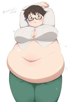 1girl absurdres alternate_body_size belly blue_hair breasts brown_eyes brown_hair button_gap cleavage fat fat_woman glasses highres imari_youko large_breasts masakin navel obese ruri_no_houseki semi-rimless_eyewear short_hair solo white_background