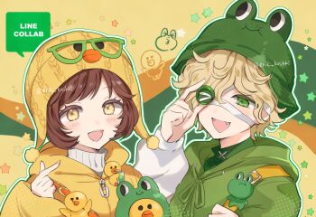 1boy 1girl :d blonde_hair brown_hair bucket_hat chullo duck_hat eric_knikki fang finger_heart florian_brand florian_brand_(leonard) frog_hat green_eyes green_hoodie hat hood hoodie identity_v looking_at_another looking_at_viewer official_alternate_costume open_mouth smile striped_blush tracy_reznik tracy_reznik_(sally) wavy_hair white_sleeves yellow_eyes yellow_hoodie