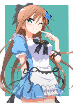 Rule 34 | 1girl, ;), absurdres, aqua background, aqua eyes, arm behind back, black bow, blue dress, blush, border, bow, breasts, brown hair, butterfly hair ornament, closed mouth, commentary request, cowboy shot, dress, dress bow, eyes visible through hair, floating hair, frilled sleeves, frills, hair between eyes, hair bow, hair ornament, hand up, hapymaher, heart-shaped ornament, highres, index finger raised, large breasts, long hair, looking at viewer, one eye closed, outside border, puffy short sleeves, puffy sleeves, rishac owo, short dress, short sleeves, sidelocks, simple background, smile, solo, split mouth, toriumi arisu, very long hair, white border