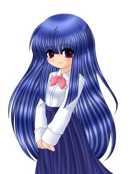 1girl blue_hair blue_skirt bow bowtie breasts collared_shirt commentary english_commentary furude_rika highres higurashi_no_naku_koro_ni higurashi_no_naku_koro_ni_gou hime_cut long_hair long_skirt long_sleeves looking_at_viewer nekotorine own_hands_together parody pink_bow pink_bowtie purple_eyes ryukishi07_(style) school_uniform shirt skirt small_breasts solo st._lucia_academy_school_uniform standing style_parody white_shirt