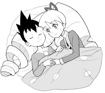 1boy 1girl bad_id blanket blush bow closed_eyes drill_hair geo_stelar_(mega_man) greyscale hair_bow hair_pillow heriyama long_hair lowres luna_platz_(mega_man) mega_man_(series) mega_man_star_force_(series) monochrome sleeping smile twin_drills very_long_hair