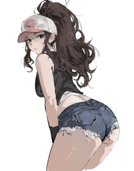 1girl ass bare_shoulders baseball_cap blue_eyes breasts brown_hair check_commentary commentary_request curvy cutoffs denim denim_shorts from_behind hat high_ponytail highres hilda_(pokemon) leaning_forward long_hair looking_at_viewer looking_back micro_shorts nintendo pokemon pokemon_black_and_white ponytail raberu_ruru shirt short_shorts shorts sidelocks simple_background sleeveless sleeveless_shirt solo tank_top thighs vest white_background white_shirt wide_hips