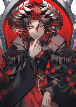 1boy chest_belt cloak crown curly_hair dante_alighieri_(fate) dante_alighieri_(third_ascension)_(fate) fate/grand_order fate_(series) floating_crown grey_eyes highres laurel_crown male_focus multicolored_hair poppoman rope_belt solo torn_cloak torn_clothes torn_coat two-tone_hair