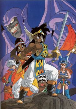 2girls 3boys :o abel_(dq) armpits bare_shoulders bindi black_eyes black_hair bracelet braid collarbone daisy_(dq) dark-skinned_male dark_skin demon dragon_quest dragon_quest_yuusha_abel_densetsu earrings fangs frown highres holding holding_sword holding_weapon jewelry looking_at_viewer multiple_boys multiple_girls official_art parted_lips pointy_ears smoking_pipe smoking_pipe_in_mouth spikes square_enix sword teeth tialah toned toriyama_akira weapon yanak