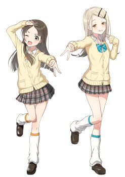 Rule 34 | 2girls, blonde hair, blue bow, blue bowtie, blush, bow, bowtie, brown cardigan, brown eyes, brown hair, cardigan, collared shirt, commentary request, double v, earrings, full body, gakuen idolmaster, grin, gyaru v, hair ornament, hairclip, highres, idolmaster, jewelry, kuramoto china, leg warmers, loafers, long hair, long sleeves, looking at viewer, multiple girls, one eye closed, open mouth, orange bow, orange bowtie, orange eyes, osoba susurukun, parallel hairclips, parted bangs, plaid clothes, plaid skirt, pleated skirt, shinosawa hiro, shirt, shoes, simple background, skirt, sleeves past wrists, smile, standing, stud earrings, teeth, upper teeth only, v, white background, white leg warmers, white shirt