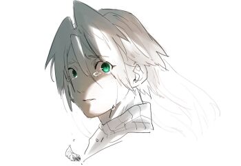 1boy cropped_shoulders crying falling_feathers feathers final_fantasy final_fantasy_vii final_fantasy_vii_ever_crisis furrowed_brow green_eyes greyscale hattouissenbaka male_focus monochrome parted_bangs parted_lips sad sephiroth sephiroth_(ever_crisis) sketch slit_pupils solo spot_color sweater turtleneck turtleneck_sweater upper_body white_background