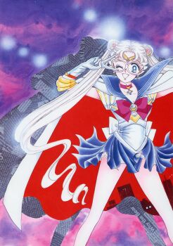 1girl ;d absurdres artbook bishoujo_senshi_sailor_moon blue_sailor_collar cape choker collarbone crescent crescent_choker crescent_earrings cropped_legs drop_shadow earrings gloves highres incredibly_absurdres jewelry mask non-web_source official_alternate_design official_alternate_hair_color official_art one_eye_closed open_mouth pale_skin red_choker retro_artstyle sailor_collar sailor_moon sailor_moon_(prototype) scan skirt smile solo tsukino_usagi v white_cape white_gloves white_hair white_mask