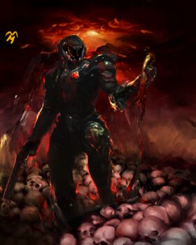 1boy absurdres armor armored_boots black_gloves blood bodysuit boots breastplate demon doom_(2016) doom_(series) doomguy gauntlets gloves gun hell helmet highres holding holding_gun holding_own_arm holding_weapon huge_filesize male_focus marthhh nintendo pauldrons power_armor shotgun shoulder_armor skull solo space_marine tagme weapon