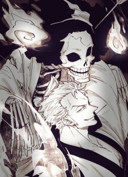 2boys afro arrow_(projectile) brook_(one_piece) chabo_(niwatori_bosori) chonmage commentary_request greyscale highres japanese_clothes kimono looking_at_viewer male_focus monochrome multiple_boys one_piece roronoa_zoro sideburns skeleton topknot upper_body v-shaped_eyebrows wide_sleeves