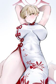 Rule 34 | 1girl, absurdres, arms behind head, arms up, blonde hair, blue archive, blush, breasts, china dress, chinese clothes, covered navel, dantyou2525, dress, halo, highres, large breasts, marina (blue archive), marina (qipao) (blue archive), pelvic curtain, print dress, red halo, short hair, simple background, sleeveless, sleeveless dress, solo, sweat, thigh focus, white background, white dress, yellow eyes