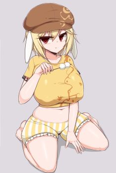 Rule 34 | 1girl, animal ears, bare legs, barefoot, belly, blonde hair, blush, breasts, newsboy cap, covered erect nipples, crop top, dango, eating, fat rolls, female focus, floppy ears, food, hat, highres, huge breasts, looking at viewer, plump, rabbit ears, red eyes, ringo (touhou), sawati, shirt, short hair, short shorts, shorts, sitting, solo, t-shirt, thighs, touhou, wagashi, wariza