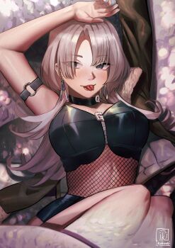 1girl absurdres black_choker bra breast_zipper breasts choker choujin_x earrings forked_tongue grey_eyes grey_hair highres ikahueki jewelry large_breasts leather_bra long_hair midriff signature snake_girl strap tongue tsumuji_nari_(choujin_x) underwear zipper