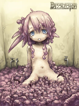 1girl blue_eyes claws commentary_request completely_nude experiment_kraj expressionless faucet flat_chest hair_over_breasts indoors inuinu_(project_october) loli long_hair looking_at_viewer magic:_the_gathering monster_girl navel nude partially_submerged personification pink_hair ribs sitting slime_(creature) slime_(substance) slime_hair solo veins